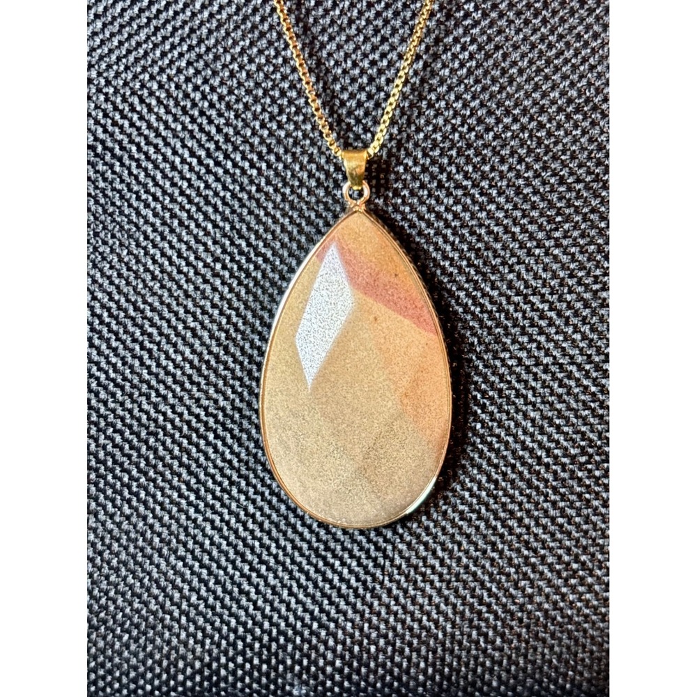 Gold Tone Stainless Steel Large Faceted Stone Teardrop Pendant Necklace 26"
